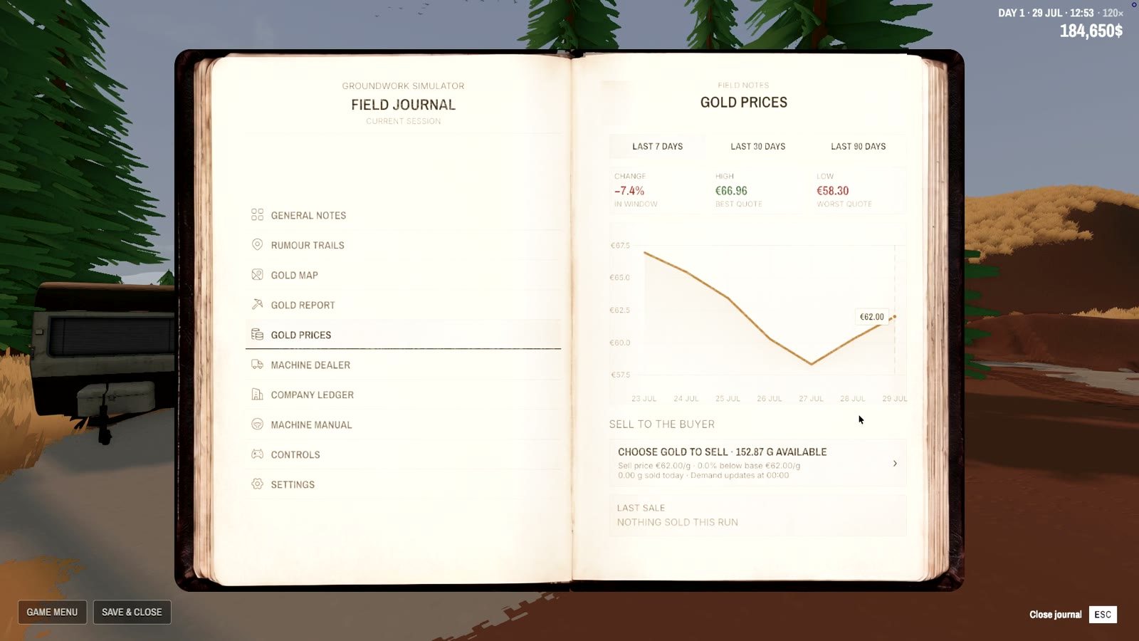 Official trailer still: the Field Journal open on the gold prices panel, with the price chart and the sell block