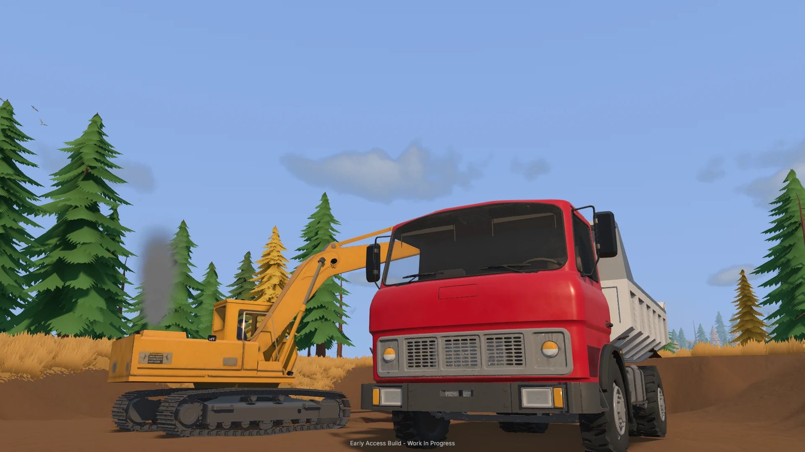 Official Steam store screenshot: an excavator working a cut on the hillside