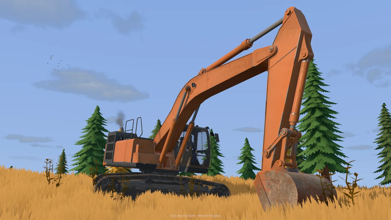 Official Steam store screenshot: an excavator parked on open ground with forested hills behind