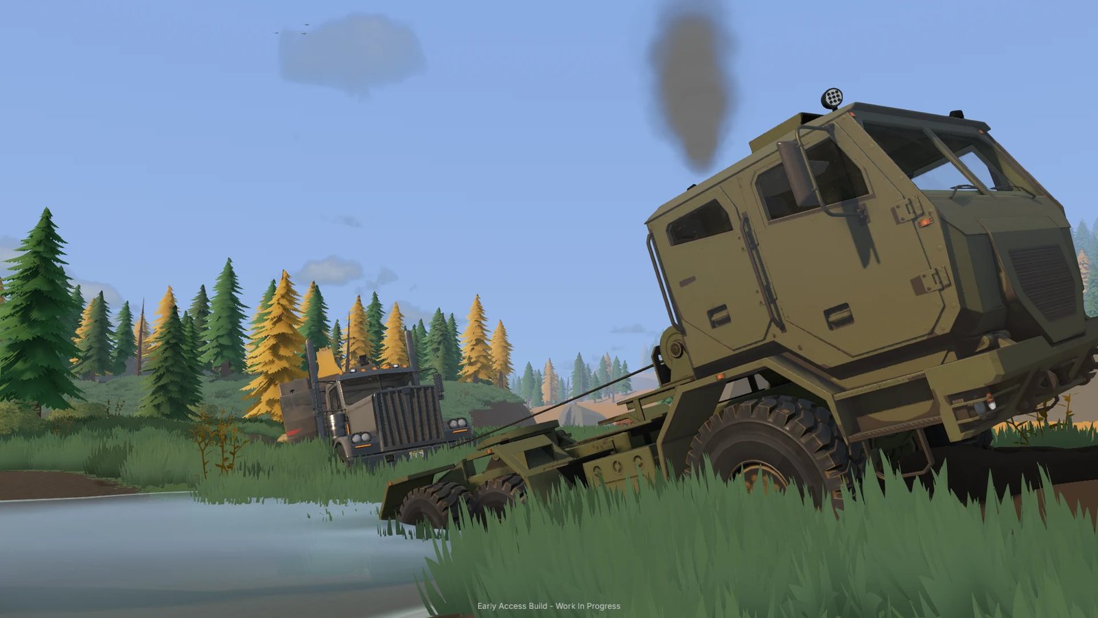 Official Steam store screenshot: a truck towing a loaded trailer through forested ground