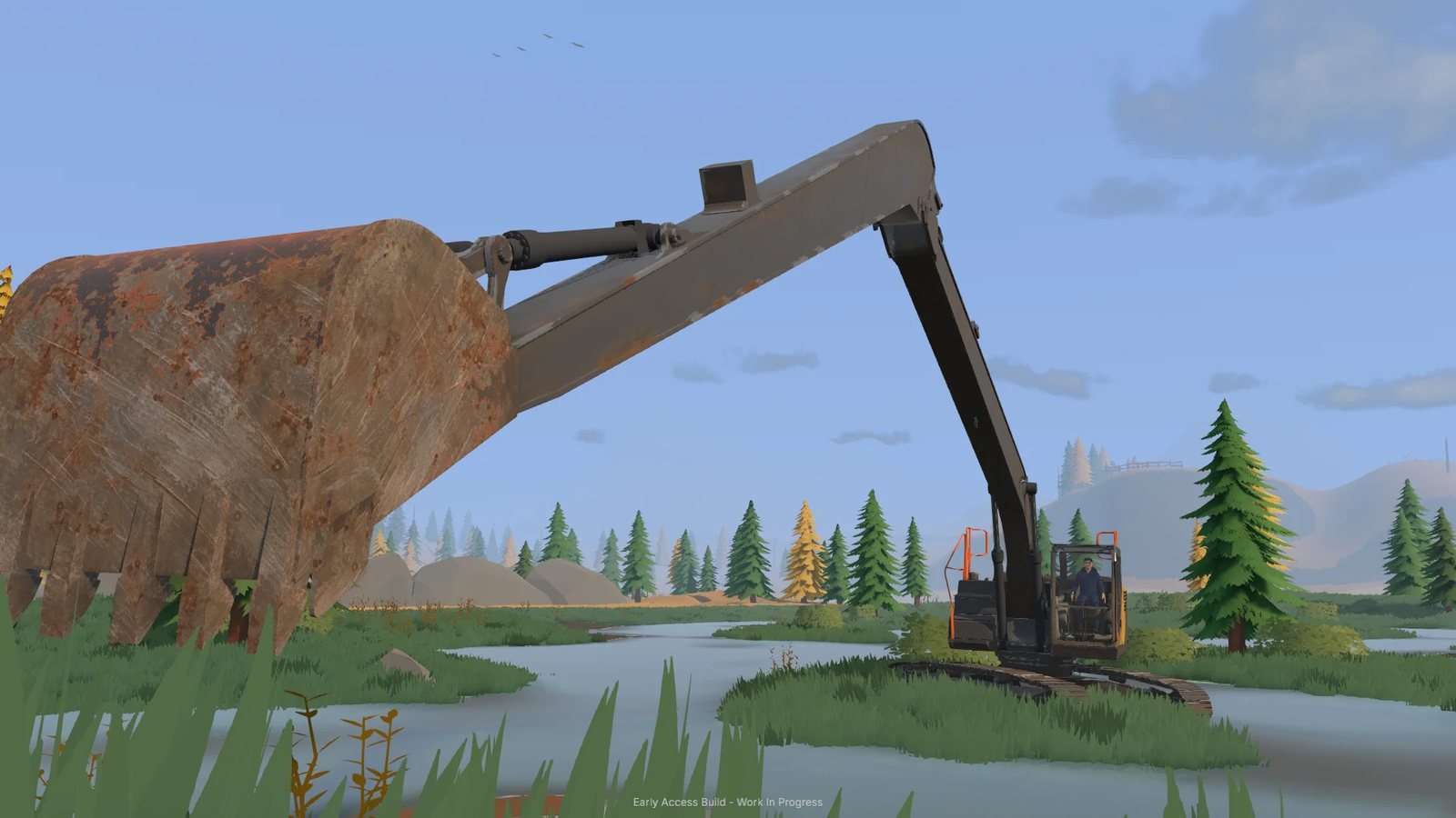 Official Steam store screenshot: an excavator working wet ground near water