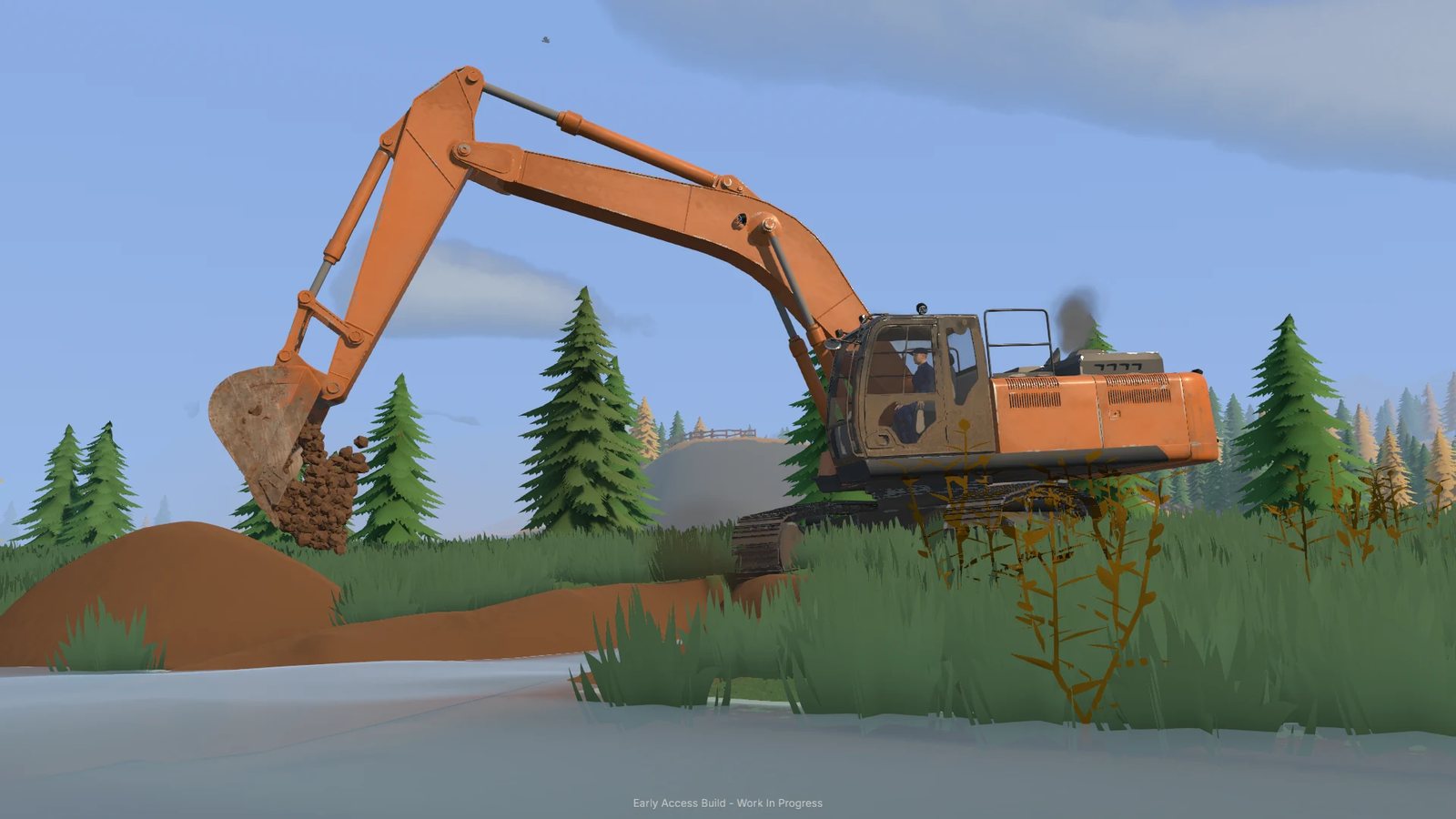 Official Steam store screenshot: an excavator digging and loading material