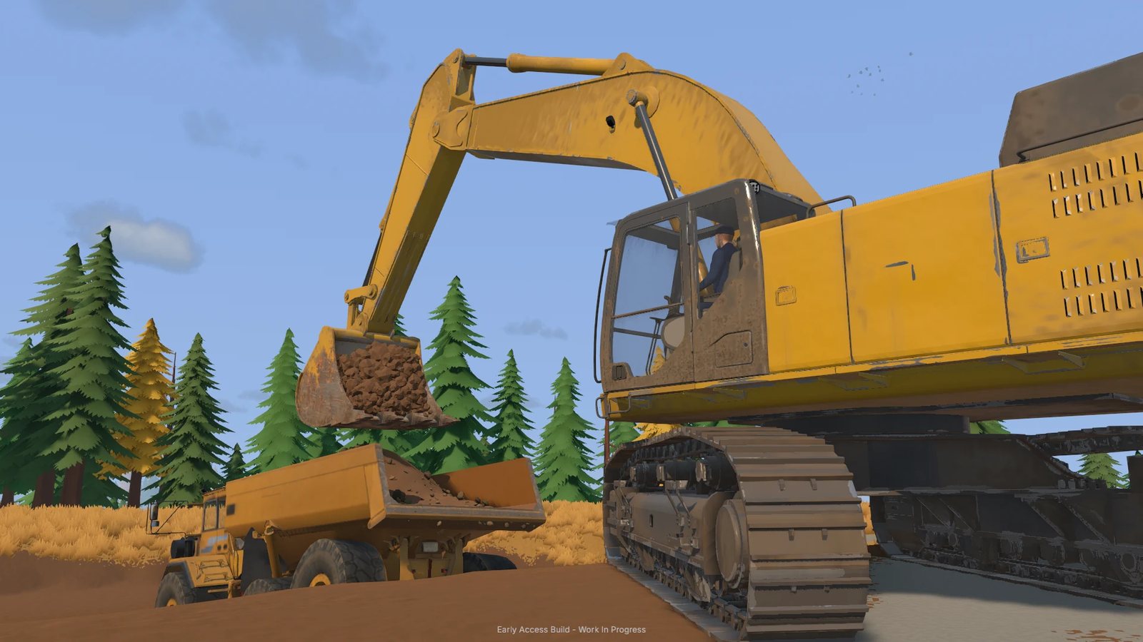 Official Steam store screenshot: an excavator loading material into a dump truck