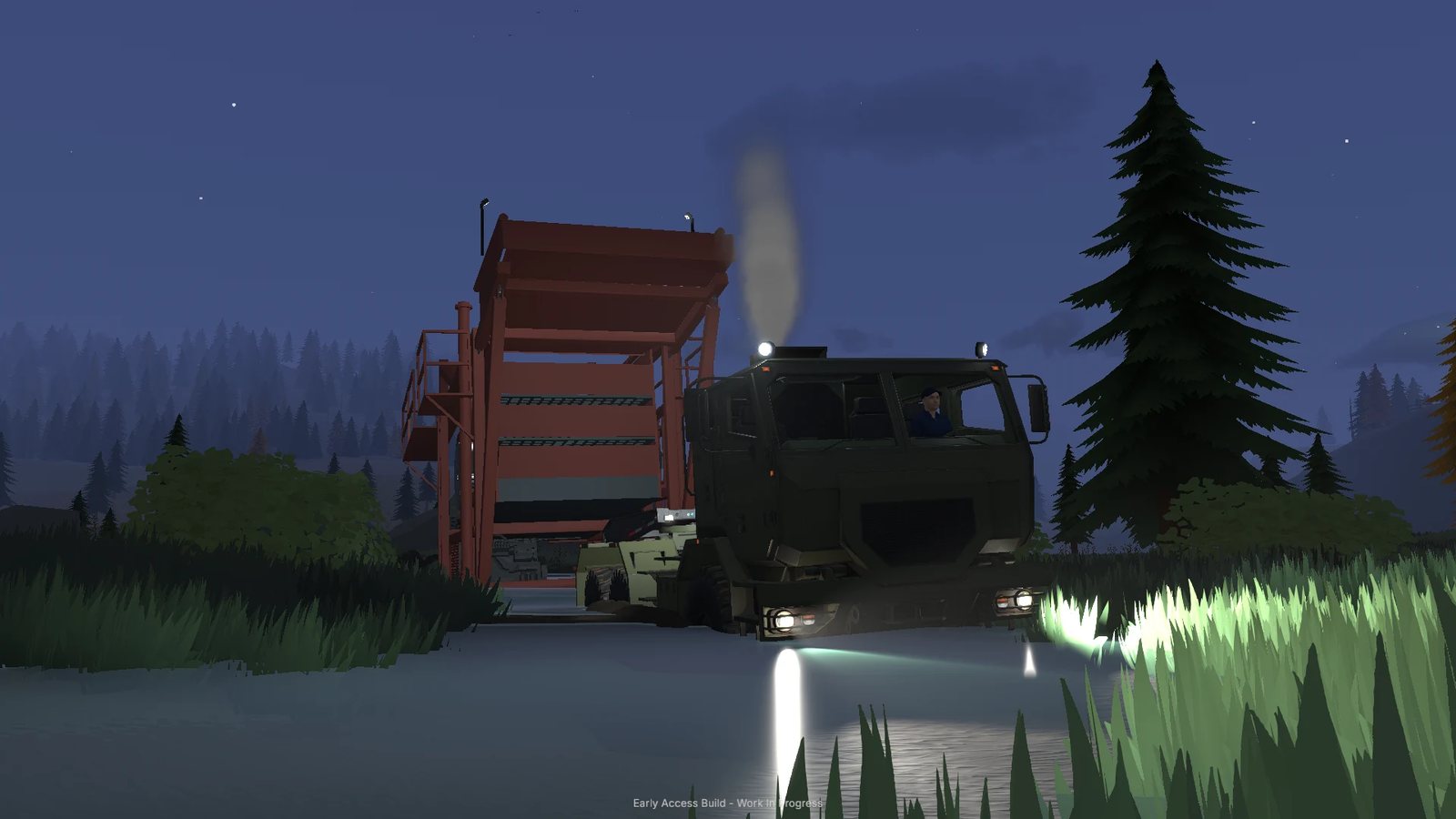 Official Steam store screenshot: a truck and a loaded trailer with headlights on, at night